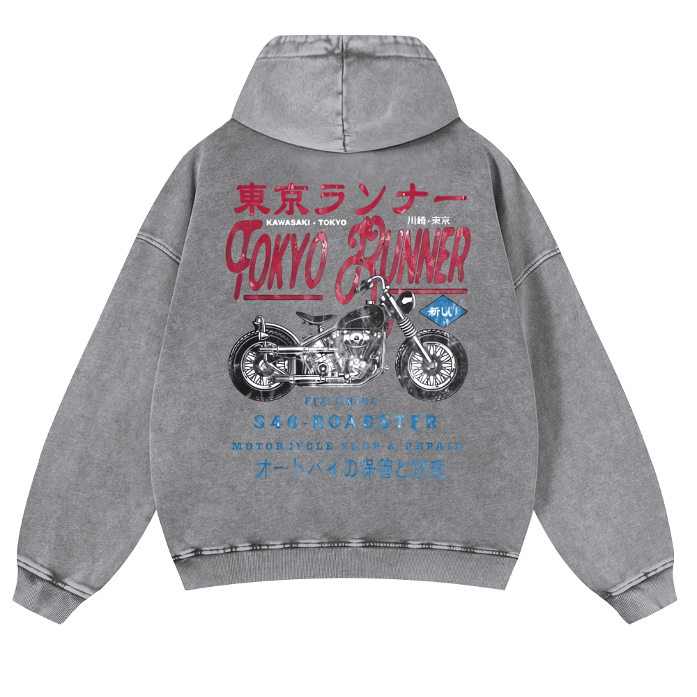 Kawasaki Motorcycle Bike Vintage Washed Cotton Back Art Hoodie