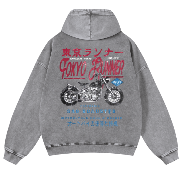 Kawasaki Motorcycle Bike Vintage Washed Cotton Back Art Hoodie