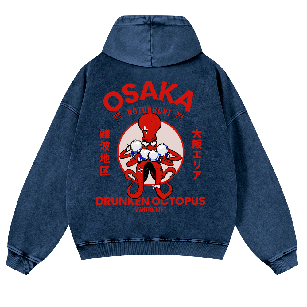 Osaka Drunken Octopus Vintage Washed Cotton Back Art Hoodie
