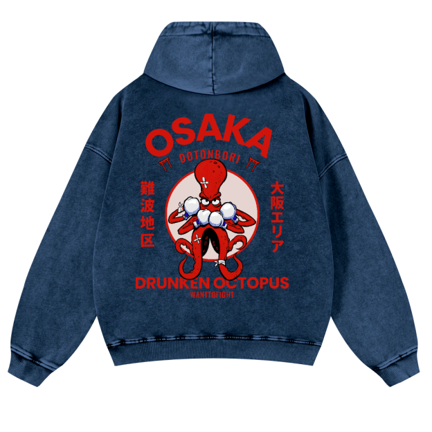 Osaka Drunken Octopus Vintage Washed Cotton Back Art Hoodie