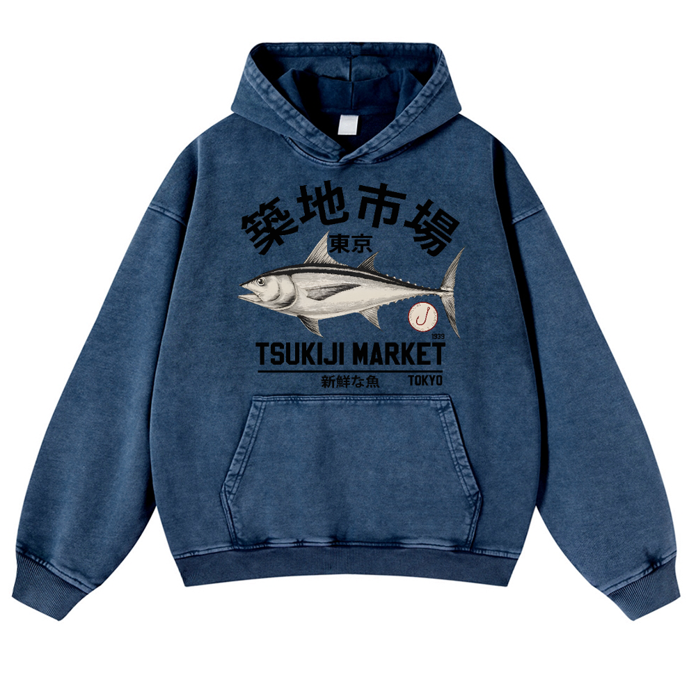Tsukiji Tuna Fish Market Vintage Washed Thick Cotton Hoodie