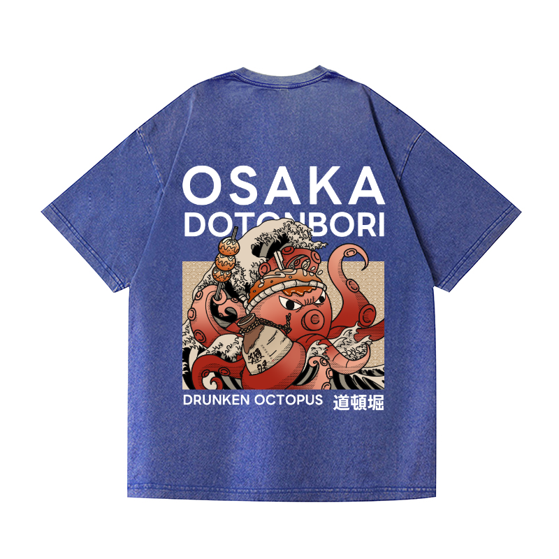 Osaka Dotonbori Drunken Octopus Vintage Wash Japanese Design Back Art T-Shirt