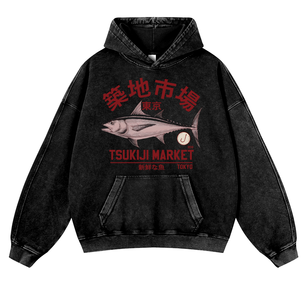 Tsukiji Tuna Fish Market Vintage Washed Thick Cotton Hoodie
