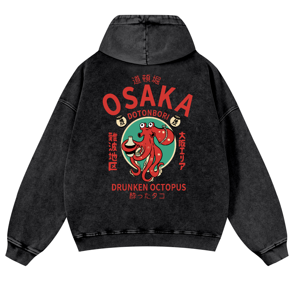 Osaka Dotonbori Drunken Octopus Vintage Washed Cotton Back Art Hoodie