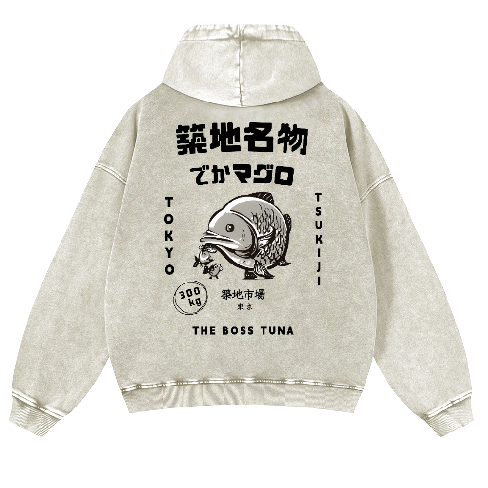 Tsukiji Market Tuna Fish Tokyo Vintage Washed Cotton Back Art Hoodie