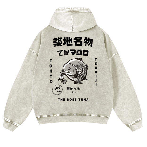 Tsukiji Market Tuna Fish Tokyo Vintage Washed Cotton Back Art Hoodie