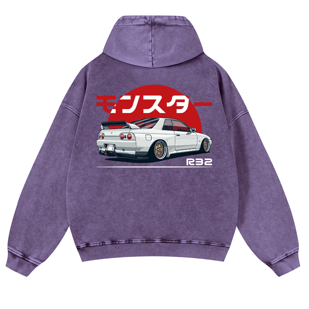 Nisaan Car R32 Vintage Washed Cotton Back Art Hoodie