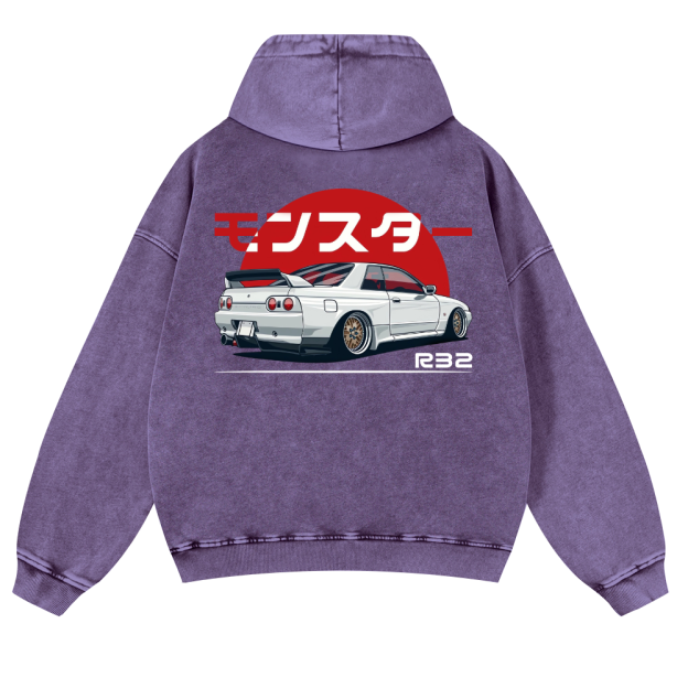 Nisaan Car R32 Vintage Washed Cotton Back Art Hoodie
