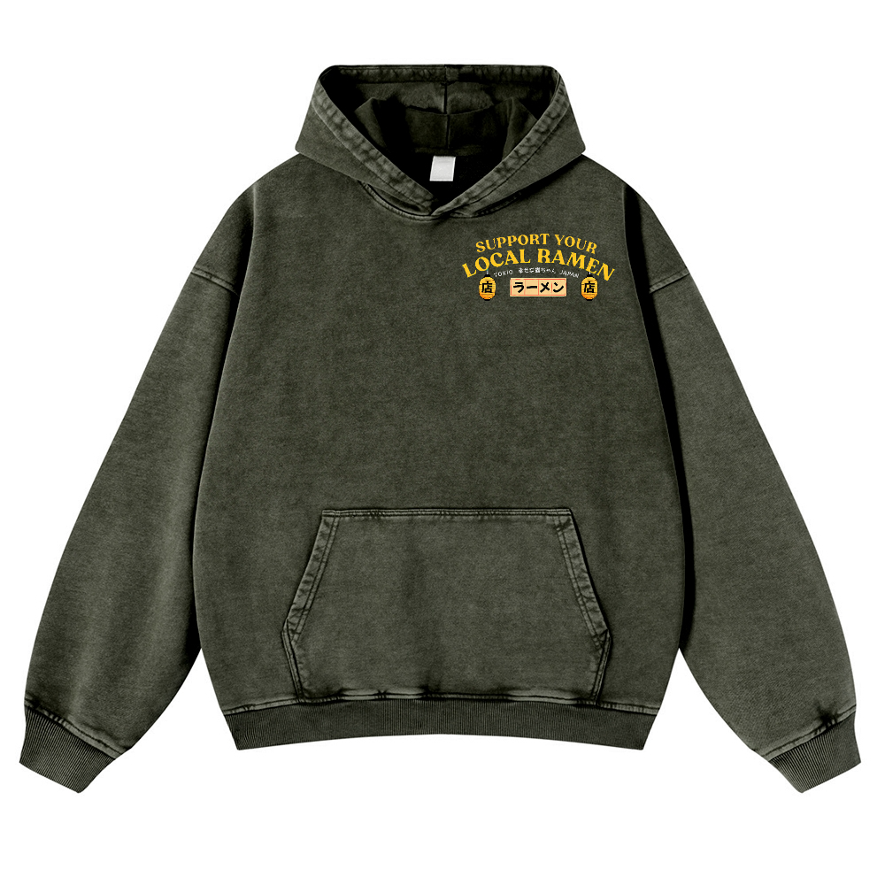 Ramen Lucky Cat Vintage Washed Cotton Back Art Hoodie