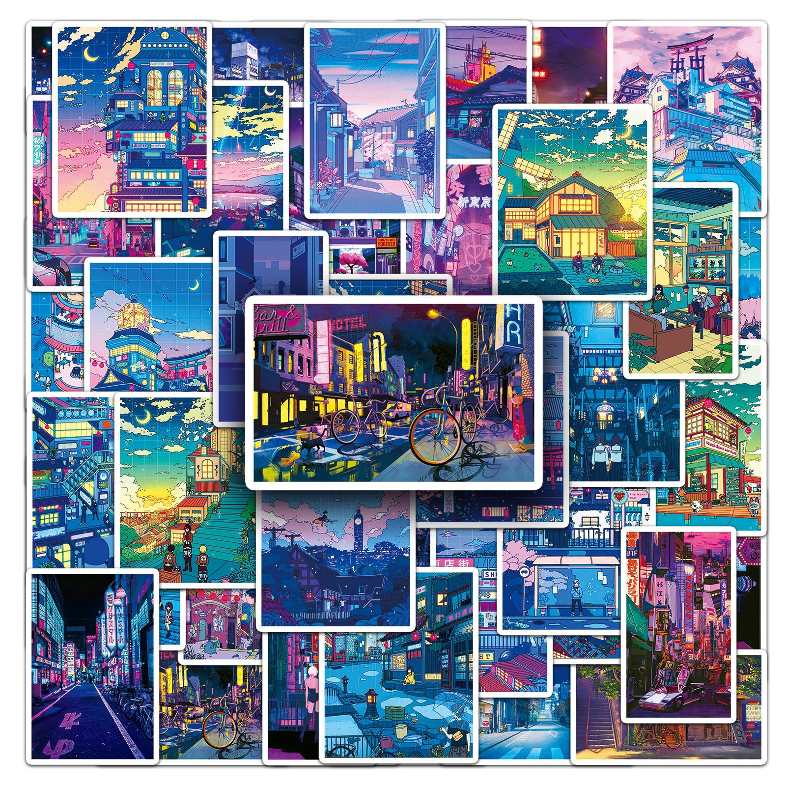 50 Japanese Anime Night Scene Stickers