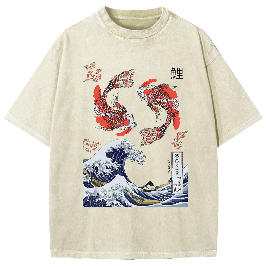 Yin Yang The Great Wave Off Koi Fish Japanese Art Vintage Washed T-shi