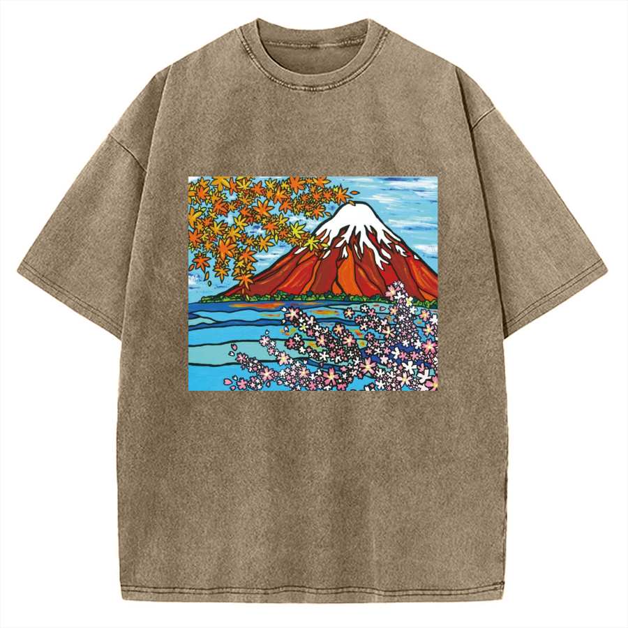Mt Fuji Janapese Style Painting Vintage Washed T-shirt
