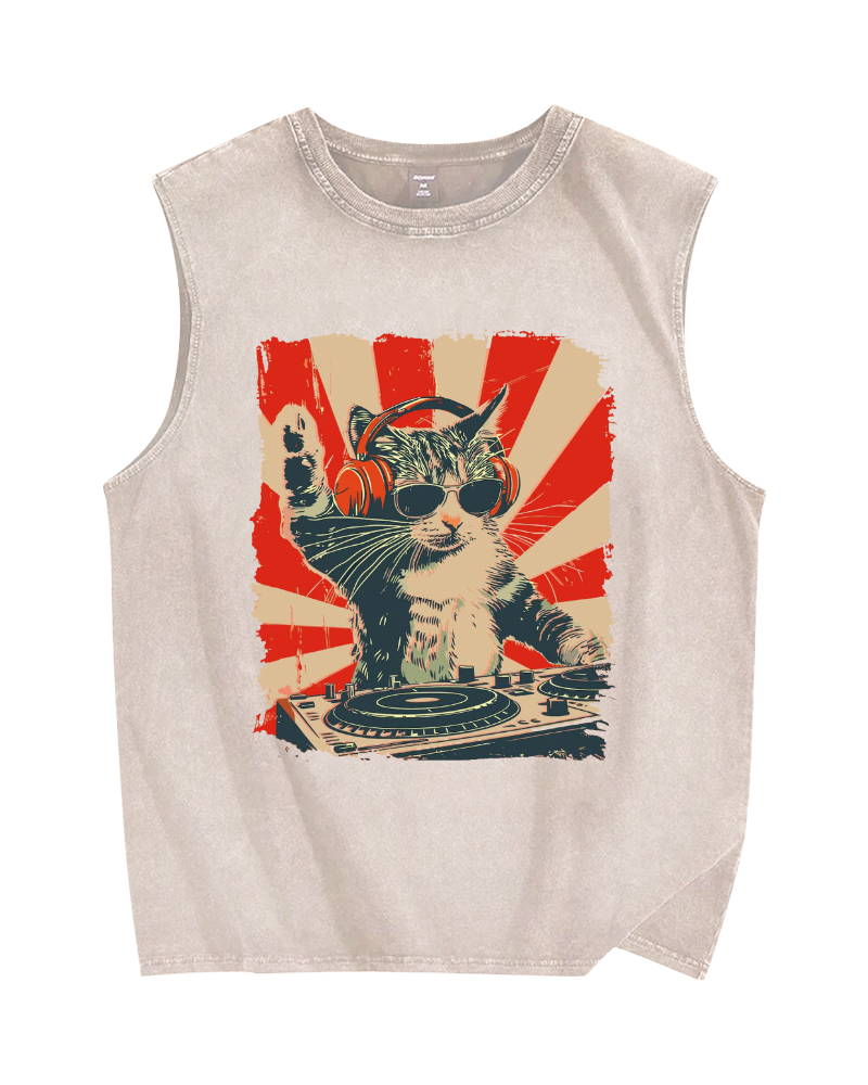 Cool Cat DJ Poster Showa Retro Vintage Distressed Washed Tank Top