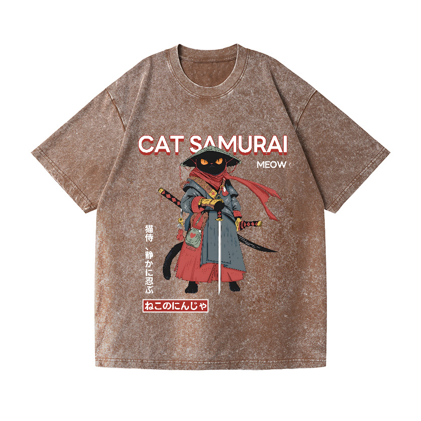 Cat Samurai Vintage Wash Japanese Design T-Shirt