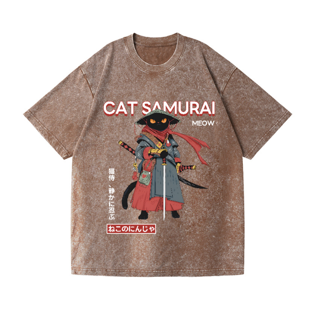 Cat Samurai Vintage Wash Japanese Design T-Shirt