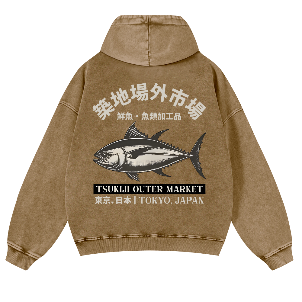 Tsukiji Market Tuna Fish Vintage Washed Cotton Back Art Hoodie
