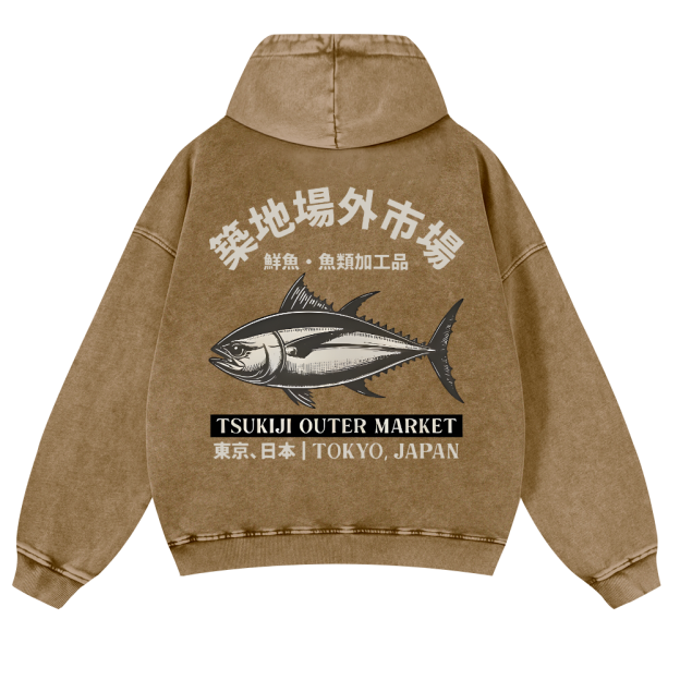 Tsukiji Market Tuna Fish Vintage Washed Cotton Back Art Hoodie