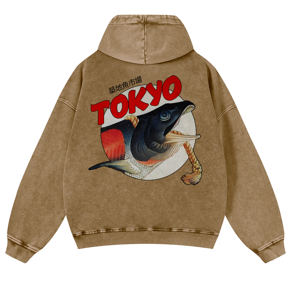 Tsukiji Market Vintage Washed Cotton Back Art Hoodie
