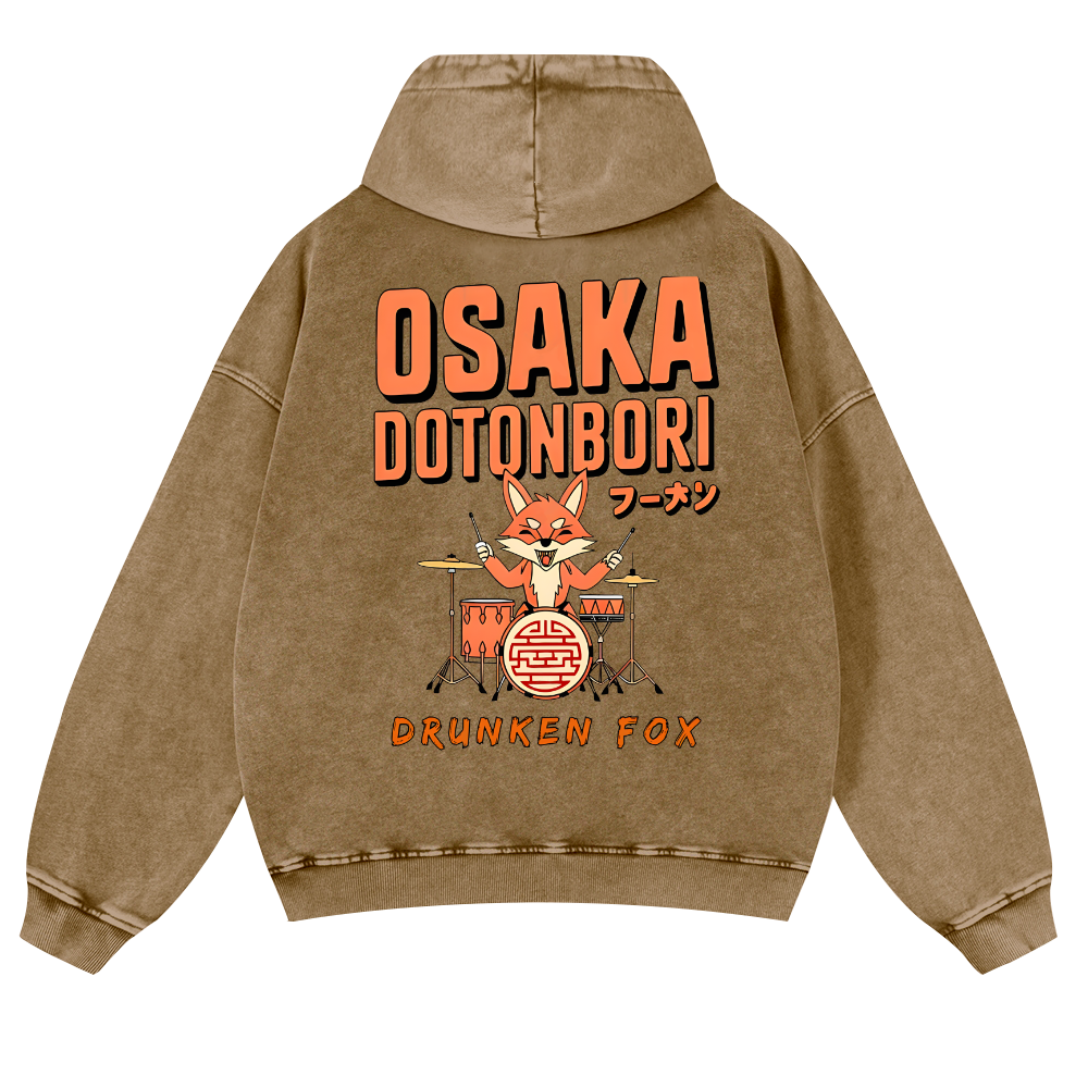 Osaka Dotonbori Drunken Fox Vintage Washed Cotton Back Art Hoodie