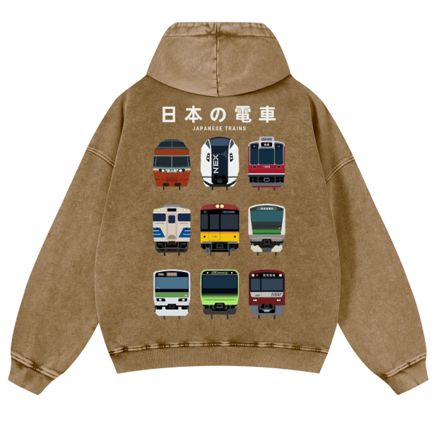 Japanese Trains Vintage Washed Cotton Back Art Hoodie