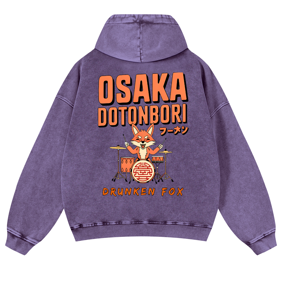 Osaka Dotonbori Drunken Fox Vintage Washed Cotton Back Art Hoodie