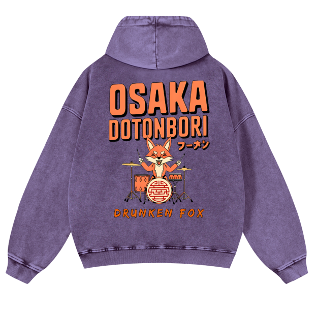 Osaka Dotonbori Drunken Fox Vintage Washed Cotton Back Art Hoodie