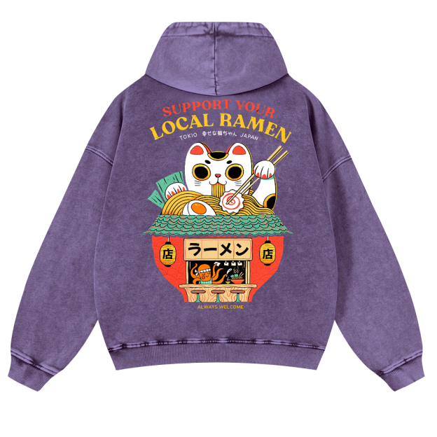 Ramen Lucky Cat Vintage Washed Cotton Back Art Hoodie