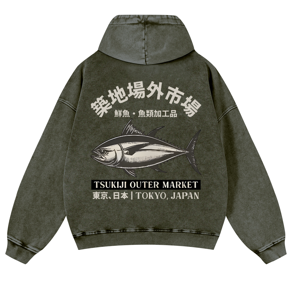 Tsukiji Market Tuna Fish Vintage Washed Cotton Back Art Hoodie