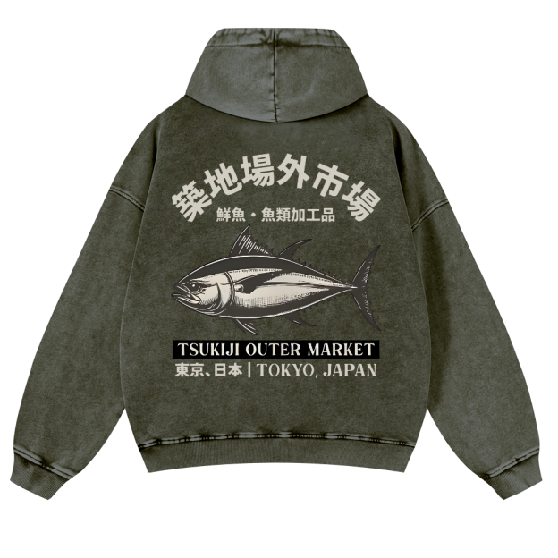Tsukiji Market Tuna Fish Vintage Washed Cotton Back Art Hoodie
