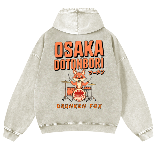 Osaka Dotonbori Drunken Fox Vintage Washed Cotton Back Art Hoodie