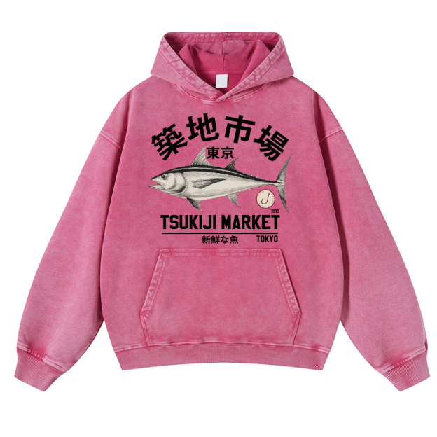 Tsukiji Tuna Fish Market Vintage Washed Thick Cotton Hoodie