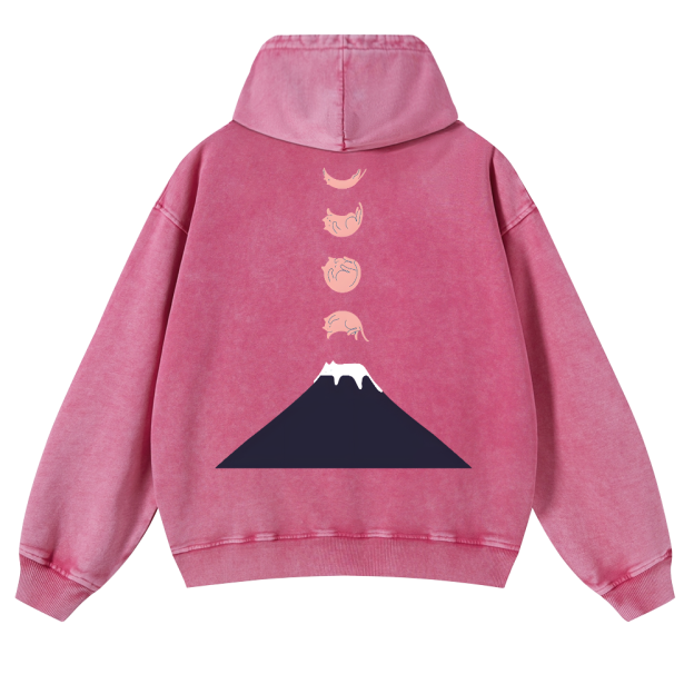 Mount Fuji Cat Moon Vintage Washed Cotton Back Art Hoodie