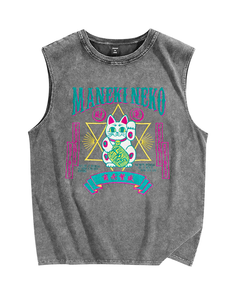 Maneki Neko Lucky Cat Vintage Distressed Washed Tank Top
