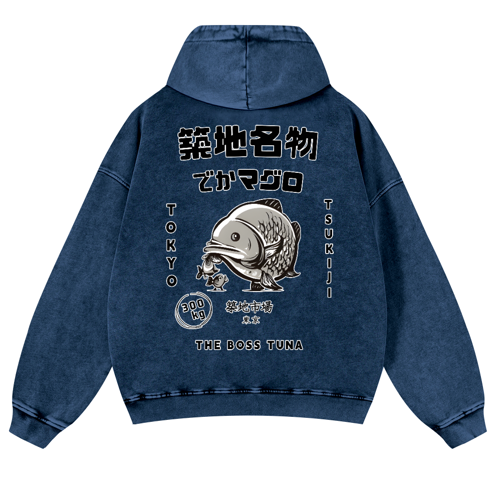 Tsukiji Market Tuna Fish Tokyo Vintage Washed Cotton Back Art Hoodie