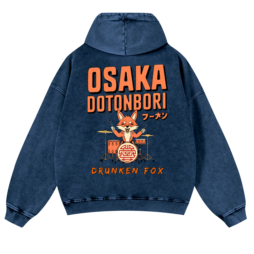 Osaka Dotonbori Drunken Fox Vintage Washed Cotton Back Art Hoodie