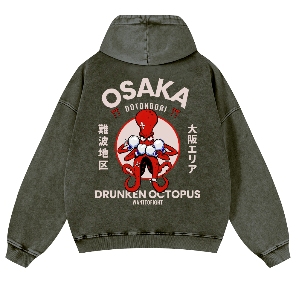 Osaka Drunken Octopus Vintage Washed Cotton Back Art Hoodie