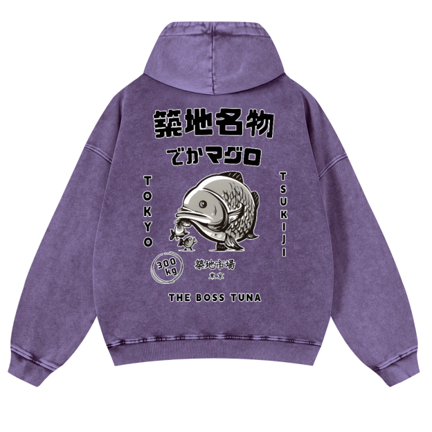 Tsukiji Market Tuna Fish Tokyo Vintage Washed Cotton Back Art Hoodie