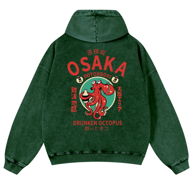 Osaka Dotonbori Drunken Octopus Vintage Washed Cotton Back Art Hoodie