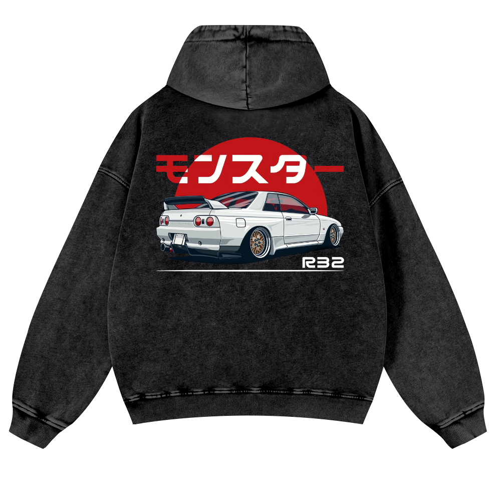 Nisaan Car R32 Vintage Washed Cotton Back Art Hoodie