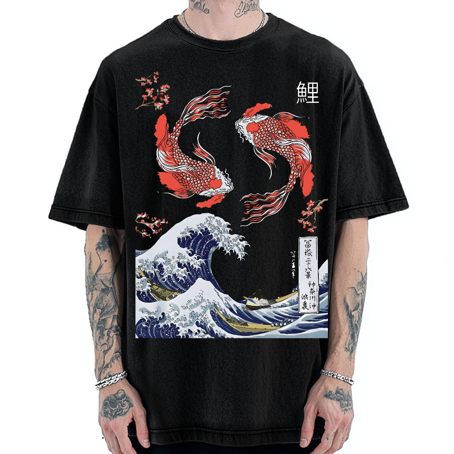 Yin Yang The Great Wave Off Koi Fish Japanese Art Vintage Washed T-shirt