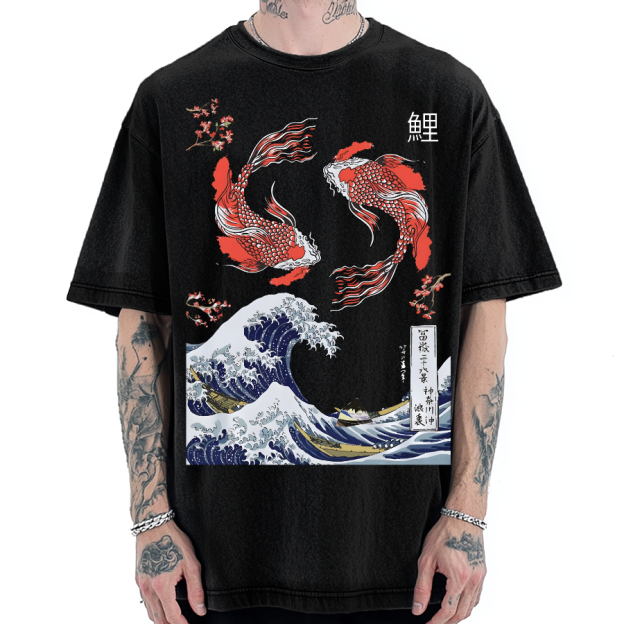 Yin Yang The Great Wave Off Koi Fish Japanese Art Vintage Washed T-shirt