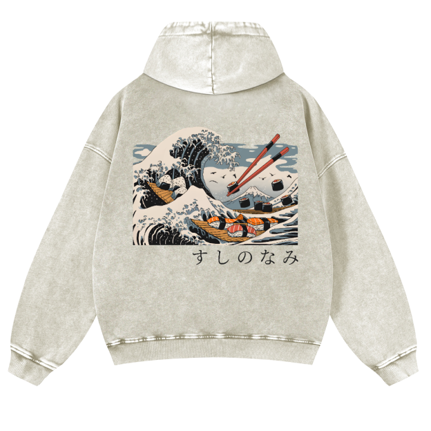 Sushi Kanagawa Wave Ukiyoe Vintage Washed Cotton Back Art Hoodie