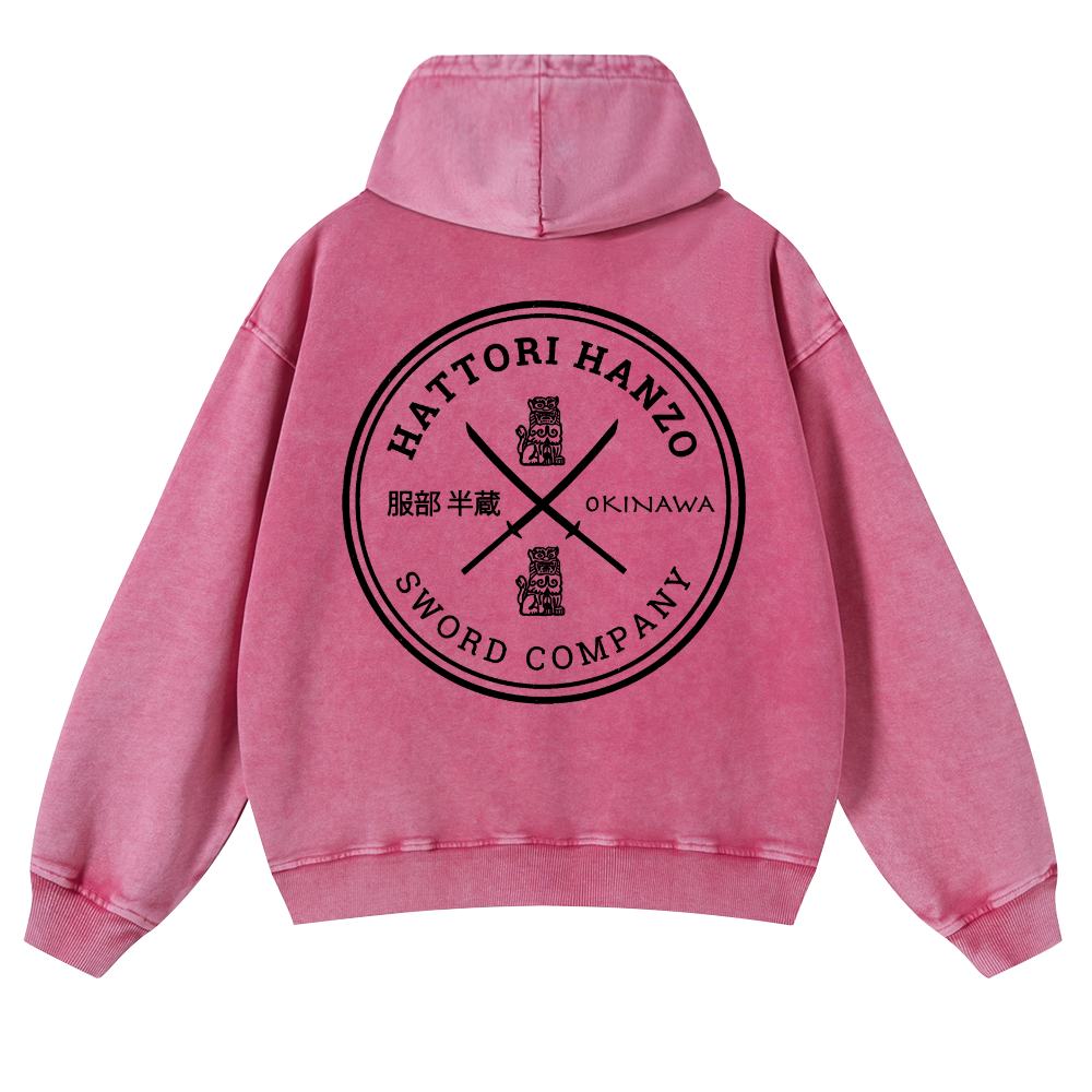 Hattori Hanzo Komainu Okinawa Sword Company Vintage Washed Cotton Back Art Hoodie