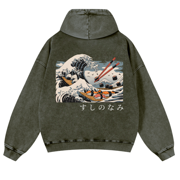 Sushi Kanagawa Wave Ukiyoe Vintage Washed Cotton Back Art Hoodie