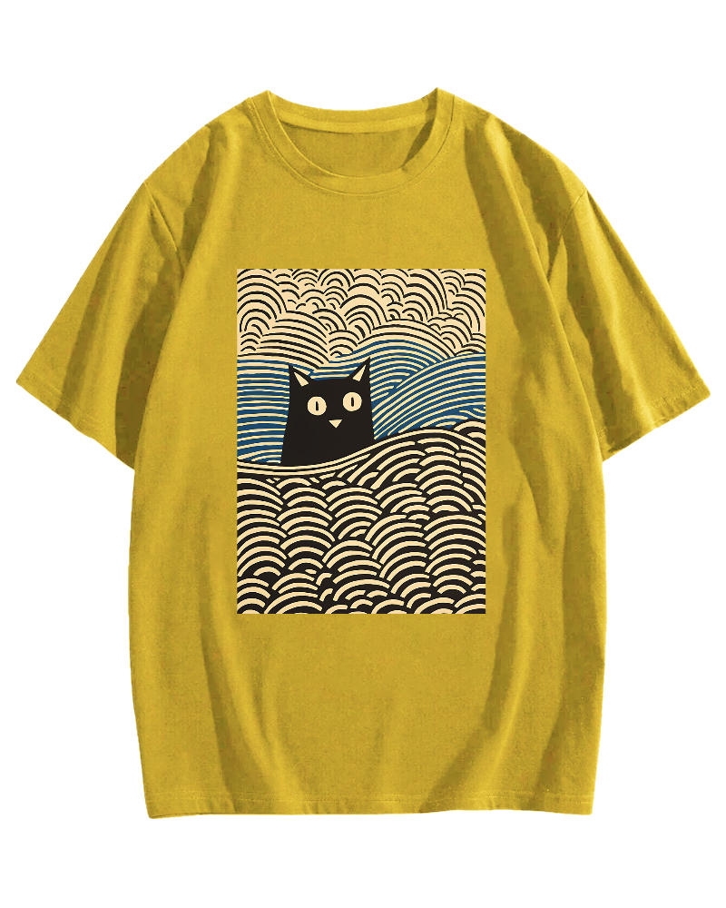 Wave Japanese Cat Art Cotton casual T-shirt