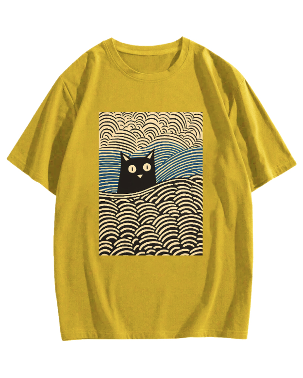 Wave Japanese Cat Art Cotton casual T-shirt