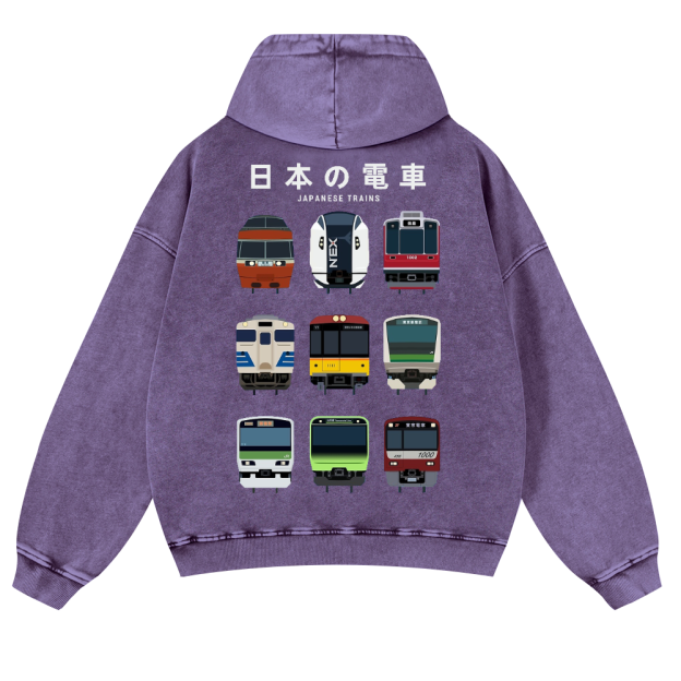Japanese Trains Vintage Washed Cotton Back Art Hoodie