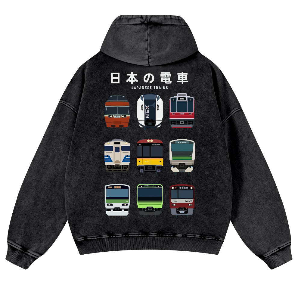 Japanese Trains Vintage Washed Cotton Back Art Hoodie