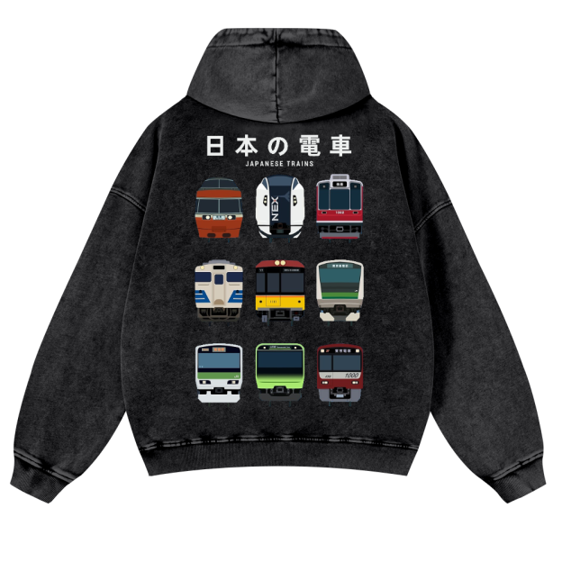 Japanese Trains Vintage Washed Cotton Back Art Hoodie