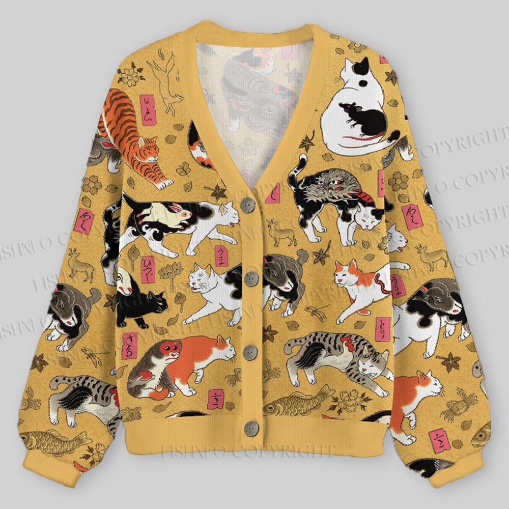 Ugly Vintage Cat Japanese Art Cardigan Sweater